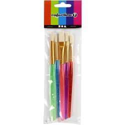 Kids Paint Brushes, no. 8+12+18, L: 14-16 cm, W: 5-10 mm, flat,round, assorted colours, 5 pc/ 1 pack