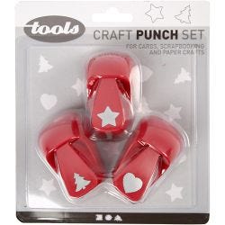 Paper Punches, star, heart, christmas tree, size 16 mm, red, 1 set