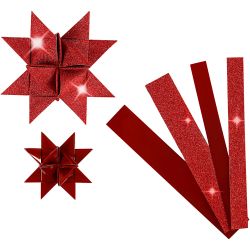 Paper Star Strips, L: 44+78 cm, W: 15+25 mm, dia. 6,5+11,5 cm, glitter,varnish, red, 40 strips/ 1 pack