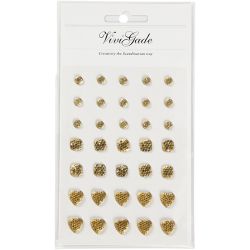 Rhinestones, round, square, heart, size 6+8+10 mm, gold, 35 pc/ 1 pack