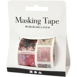Washi Tape, Stamp and flower motive, L: 3+5 M, W: 20+25 mm, 2 roll/ 1 pack