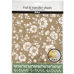 Deco Foil and transfer sheet, flowers, sheet 15x15 cm, gold, green, 2x2 sheet/ 1 pack