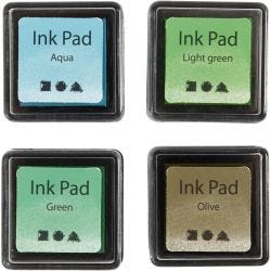 Ink Pad, H: 2 cm, size 3,5x3,5 cm, green, light green, olive, aqua, 4 pc/ 1 pack