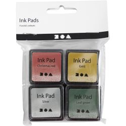 Ink Pad, H: 2 cm, size 3,5x3,5 cm, gold, leaf green, christmas red, silver, 4 pc/ 1 pack