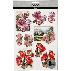 3D Decoupage Motifs, flowers and butterflies, sheet 21x30 cm, 4 sheet/ 1 pack
