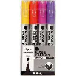 Glass & Porcelain Marker, line 1-2 mm, semi opaque, orange, purple, light red, yellow, 4 pc/ 1 pack