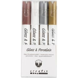 Glass & Porcelain Marker, line 1-2 mm, semi opaque, brown, gold, silver, white, 4 pc/ 1 pack