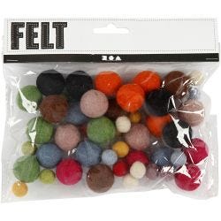 Felt balls, dia. 10+20 mm, assorted colours, 52 pc/ 1 pack