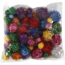 Pompoms, dia. 15-40 mm, glitter, bold colours, 62 g/ 1 pack