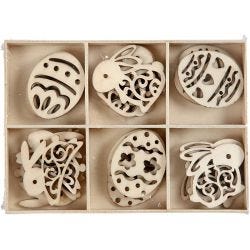 Wooden decorations, easter eggs and bunnies, H: 40 mm, thickness 3 mm, 24 pc/ 1 pack