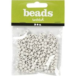Wooden Beads, dia. 5 mm, hole size 1,5 mm, white, 6 g/ 1 pack