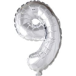 Foil Balloon, 9, H: 41 cm, silver, 1 pc