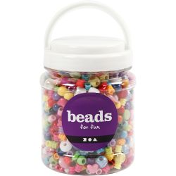 Plastic Beads, size 6-20 mm, hole size 1,5-6 mm, ca. 1175 pc, 390 g, 700 ml/ 1 tub