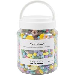 Plastic beads, dia. 5-35 mm, hole size 1-8 mm, assorted colours, 700 ml/ 1 tub