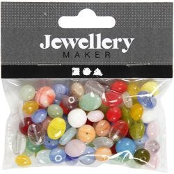 Glassperler, rund, oval, rundflat, dia. 6-13 mm, hullstr. 0,5-1,5 mm, ass. farger, 60 g/ 1 pk.