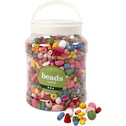 Wooden Beads, size 5-28 mm, hole size 2,5-3 mm, assorted colours, 850 g, 2 L/ 1 bucket