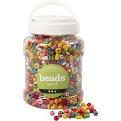 Wooden Beads, dia. 5-8 mm, hole size 1,5 mm, assorted colours, 175 g, 400 ml/ 1 bucket