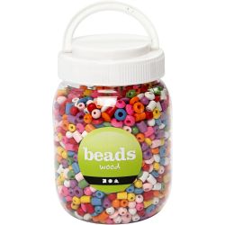 Wooden Beads, dia. 5-8 mm, hole size 1,5 mm, assorted colours, 175 g, 400 ml/ 1 bucket