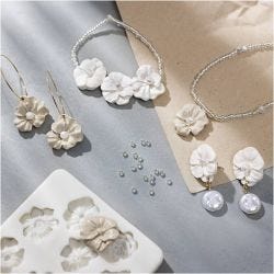 Mini Craft Kit Jewellery, Floral-design earrings, bracelet and necklace, beige, light beige, warm beige, 1 pack