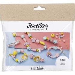 Mini Craft Kit Jewellery, Necklace, bracelets, earrings, light blue, light red, yellow, 1 pack