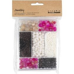 Craft Mix Jewellery, Agates, size 2,6-10 mm, hole size 0,8-1,8 mm, beige, black, pink, white - mother-of-pearl, 1 pack