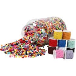 Bucket of Plastic Beads &amp; Elastic Cords