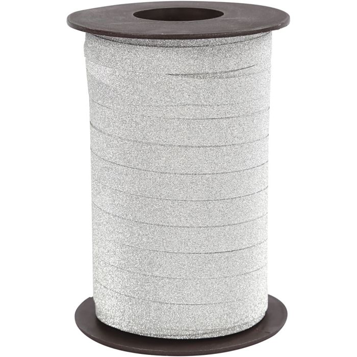Curling Ribbon, W: 10 mm, glitter, silver, 100 m/ 1 pack