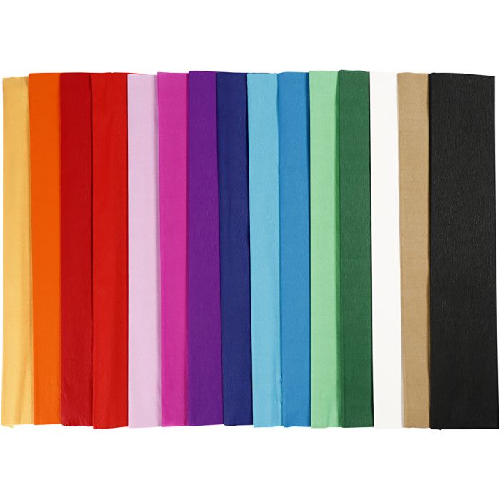 Crepe Paper, L: 2,5 m, W: 50 cm, 22 g, assorted colours, 60 pleats/ 1 pack