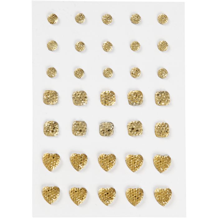Rhinestones, round, square, heart, size 6+8+10 mm, gold, 35 pc/ 1 pack