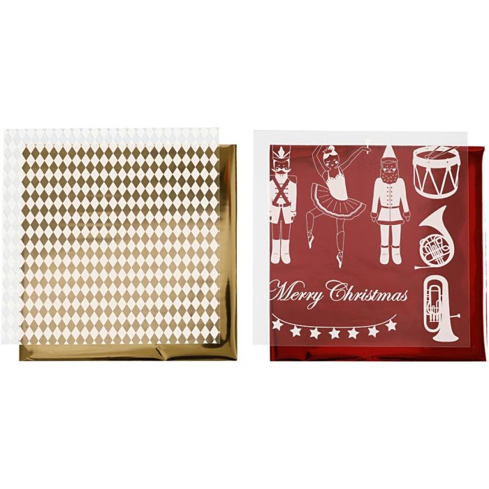 Deco Foil and transfer sheet, nutcracker, santa and ballarina, sheet 15x15 cm, gold, red, white, 4 sheet/ 1 pack