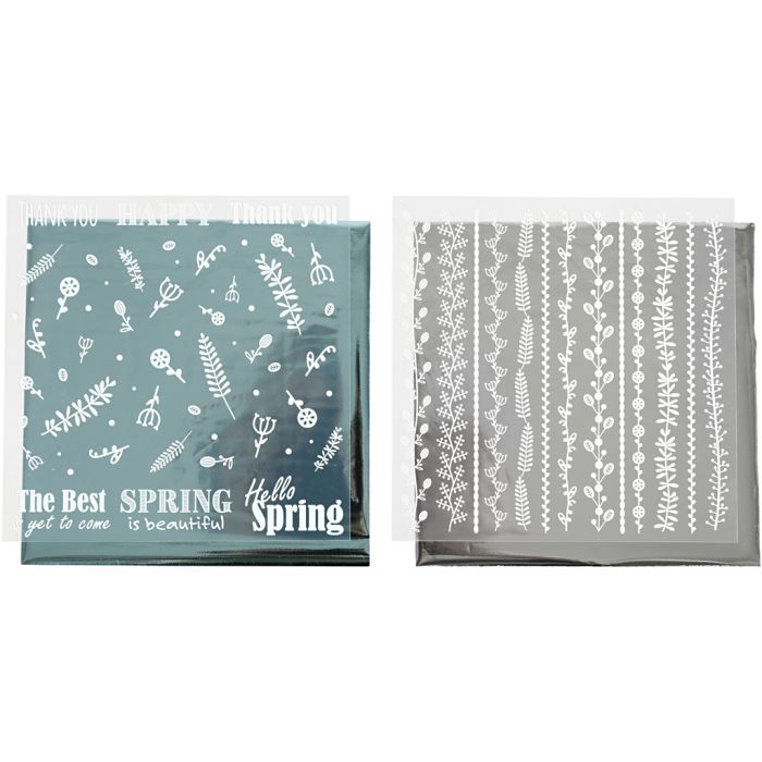 Deco Foil and transfer sheet, Spring flowers, sheet 15x15 cm, silver, turquoise, 2x2 sheet/ 1 pack