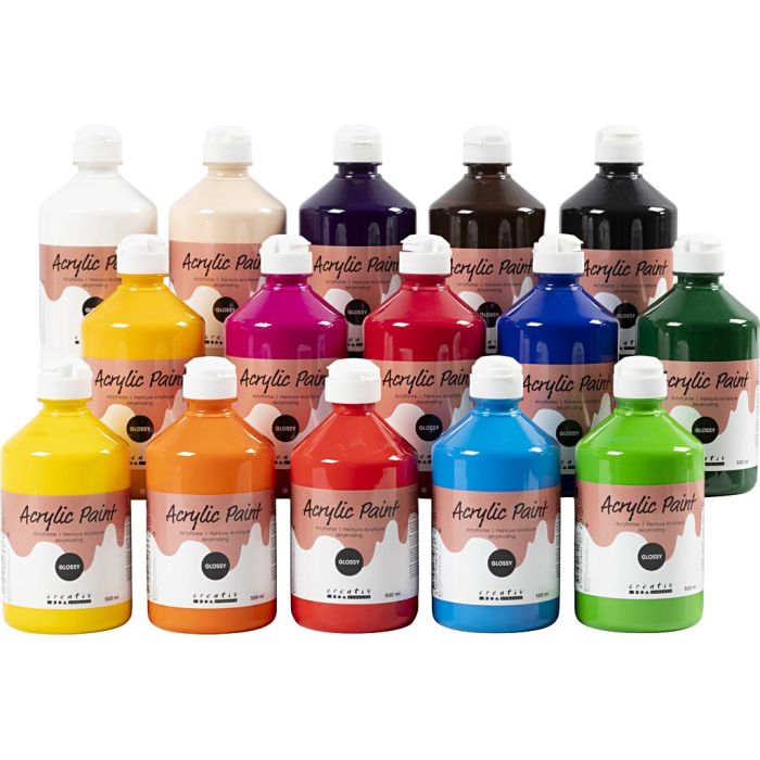 Acrylic Paint Glossy, assorted colours, 15x500 ml/ 1 pack