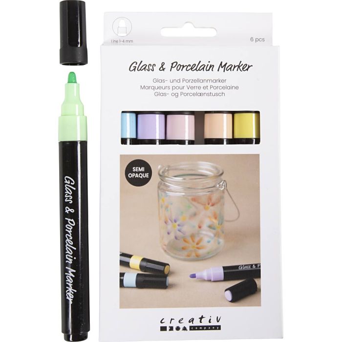 Glass and Porcelain Markers, line 1-4 mm, semi opaque, pastel colours, 6 pc/ 1 pack