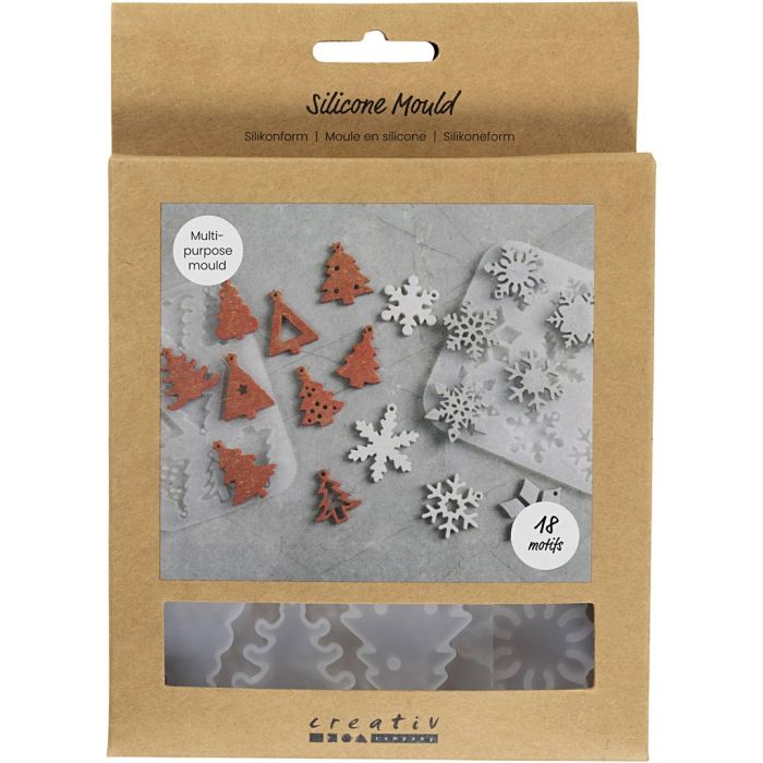 Silicone Mould, Snowflakes and Christmas trees, H: 0,3 cm, W: 3,5+4,7 cm, with hole for hanging, matt transparent, 2 pc/ 1 pc