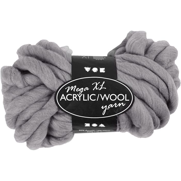 Chunky Yarn of Acrylic/Wool, L: 15 m, size mega, grey, 300 g/ 1 ball