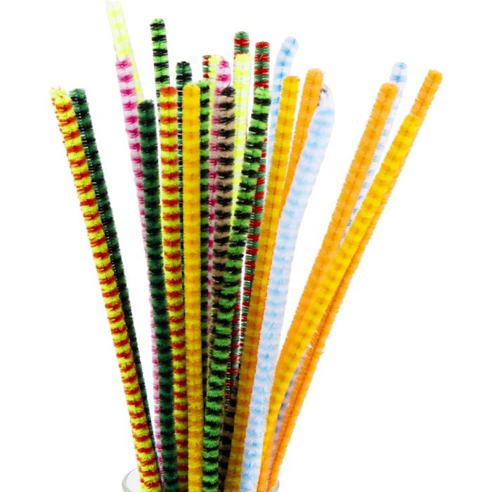 Chenille, striped, L: 30 cm, thickness 6 mm, assorted colours, 30 asstd./ 1 pack