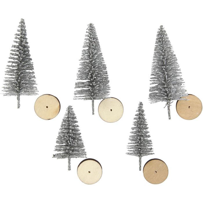 Christmas Spruce Trees, H: 40+60 mm, silver, 5 pc/ 1 pack