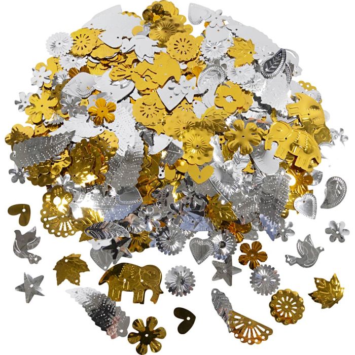 Sequins, size 15-45 mm, gold, silver, 400 g/ 1 pack