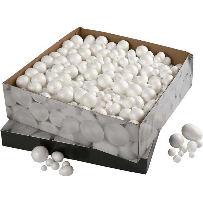 Polystyrene Balls & Eggs, size 1,5-6,1 cm, white, 550 pc/ 1 pack