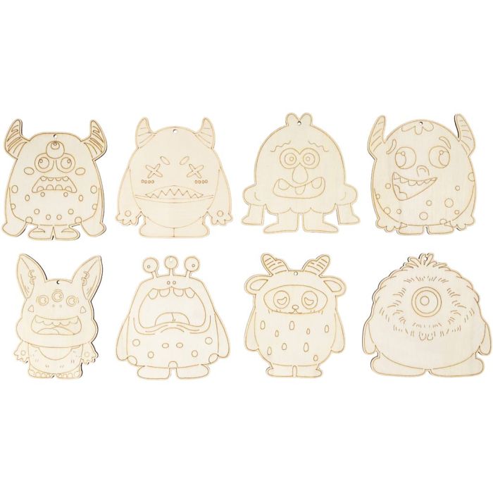 Wooden Figures, Monsters, H: 12,4 cm, thickness 3 mm, 8 pc/ 1 pack