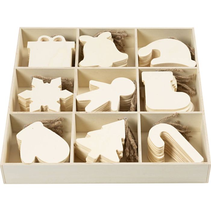 Wooden Ornament, Christmas figures, size 7-9 cm, thickness 4 mm, 90 pc/ 1 pack