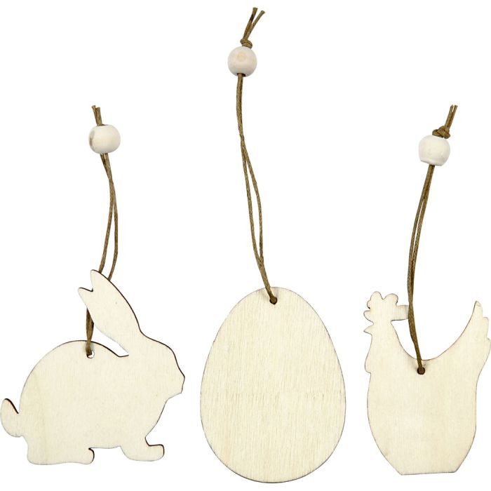 Wooden Ornament, rabbit, egg, hen, size 6 cm, thickness 3 mm, 9 pc/ 1 pack