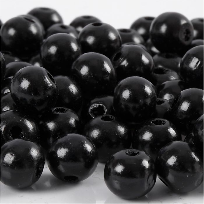 Wooden Beads, dia. 10 mm, hole size 3 mm, ca. 70 pc, black, 20 g/ 1 pack