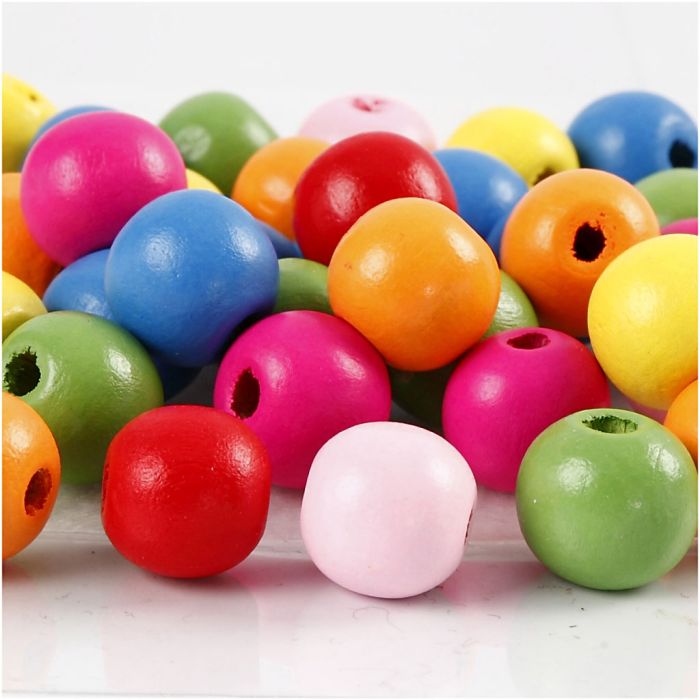 Wooden Beads, dia. 12 mm, hole size 2,5-3 mm, ca. 800 pc, assorted colours, 500 g/ 1 bag