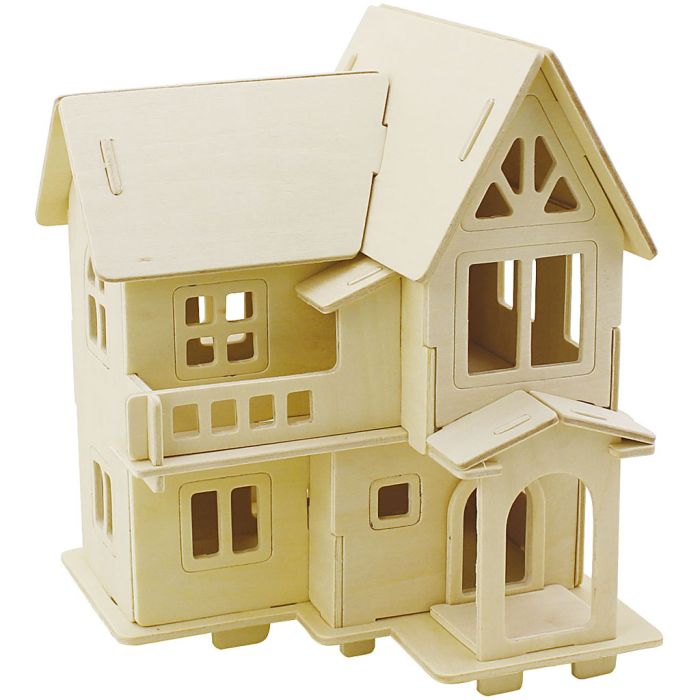 3D Wooden Construction Kit, House with balcony, size 15,8x17,5x19,5, 1 pc