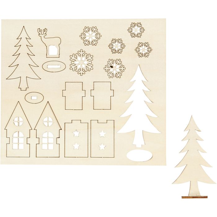 Self-Assembly Figures, house, tree, roe deer, L: 15,5 cm, W: 17 cm, thickness 3 mm, 1 pack