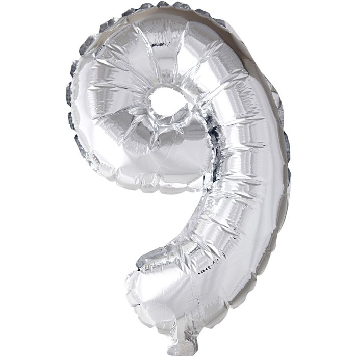 Foil Balloon, 9, H: 41 cm, silver, 1 pc