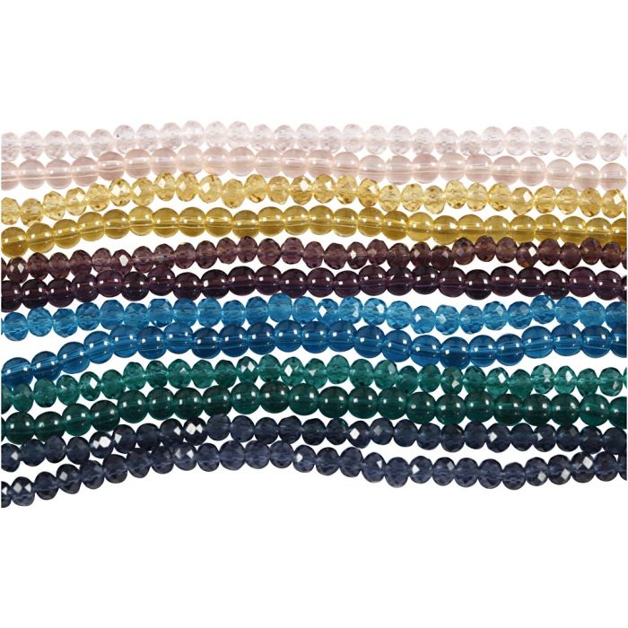Glass and Faceted Beads, dia. 4 mm, hole size 1 mm, 12x45 pc/ 1 pack