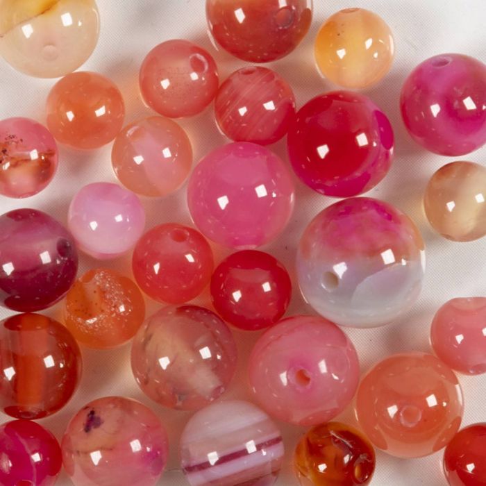 Agate stone beads, dia. 6+8+10 mm, hole size 0,9-1 mm, beige, rose, 28 pc/ 1 pack