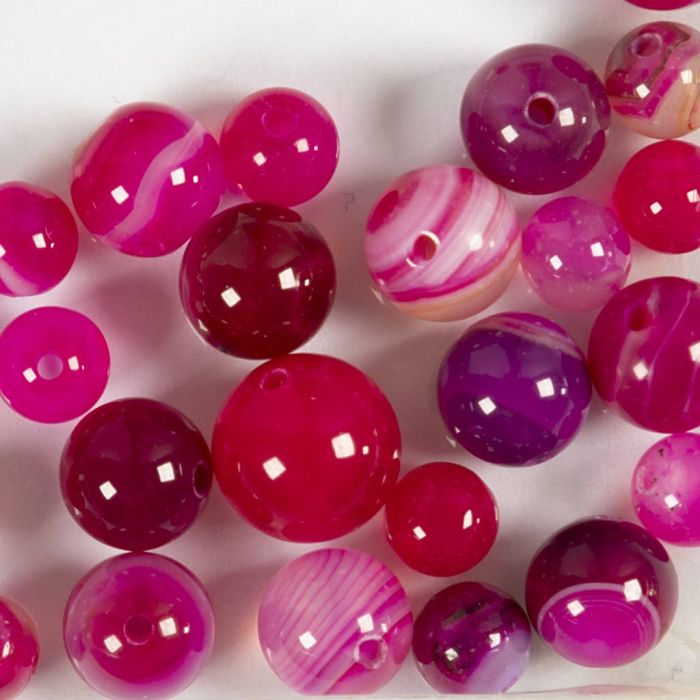 Agate stone beads, dia. 6+8+10 mm, hole size 0,9-1 mm, pink, 28 pc/ 1 pack